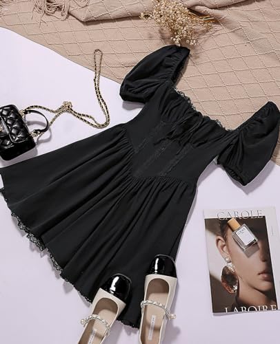 GLNEGE Women\'s Square Neck Puff Sleeve Mini Dress Casual A Line Ruffle Hem Corset Short Dresses Black