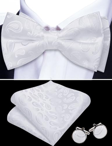 Image of Barry.Wang Paisley Striped Bow Tie for Men Silk Pre-Tied Bowtie Pocket Square Cufflinks Set Formal Wedding Party Prom