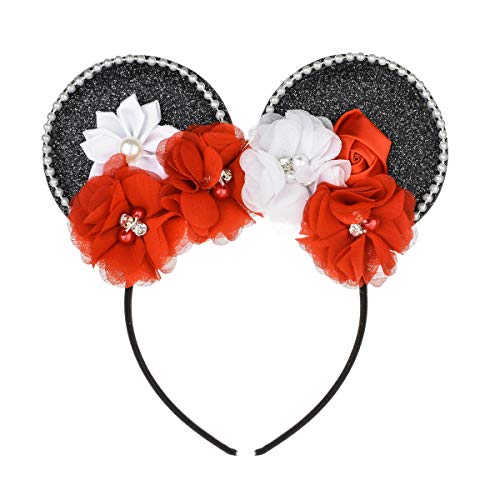 A Miaow Pearl Flower Black Mouse Ears Headband Women Girls Hair Hoop MM Butterfly Glitter Birthday Party Holiday Park Photograph Shoot (Black)