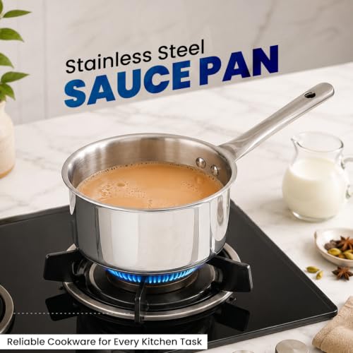 Image of Triply Stainless Steel Sauce Pan | 16cm 1.5L Tea Chai Milk Pan | Strong Stainless Steel Handle | Non Toxic Rust Free | Induction Gas Electric Ceramic Compatible | Durable Everyday Cookware