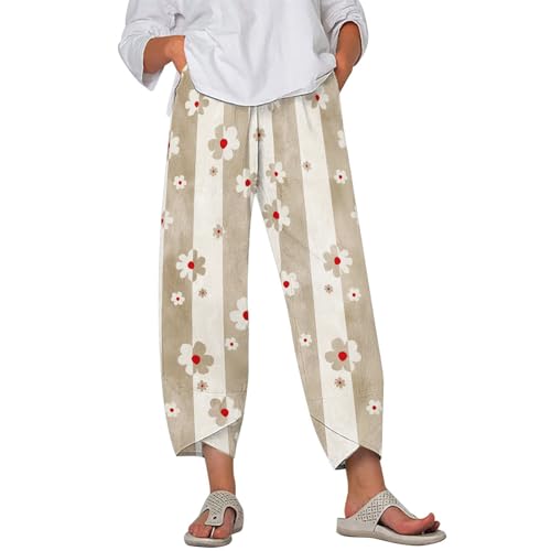 Image of DMOYALA Linen Pants for Women Summer Casual Wide Leg Capri Pants Loose Fit Palazzo Pants Cropped Beach Pants with Pockets