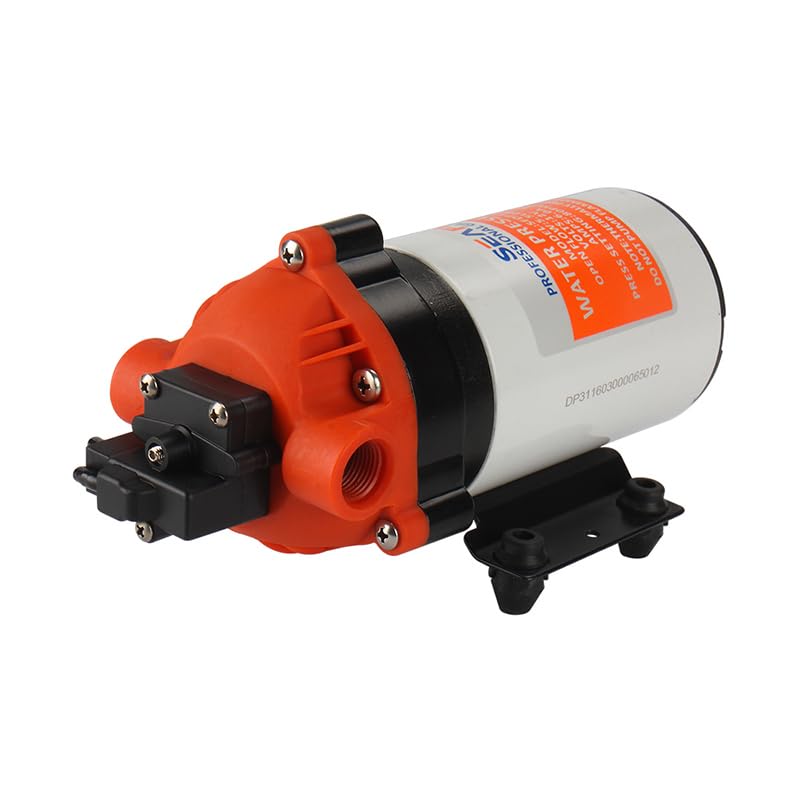 SEAFLO 31-Series DC Diaphragm Pump, side view with fittings