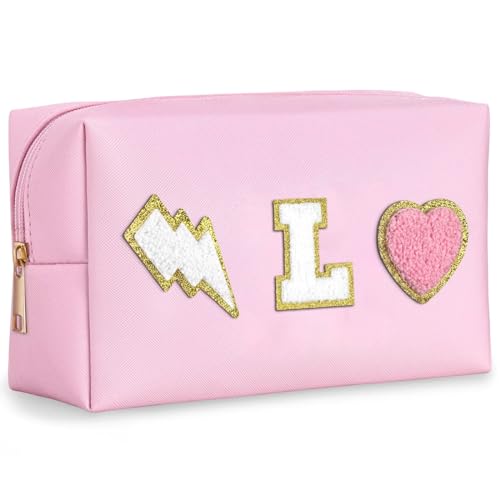 TOPEAST Preppy Makeup Bag for Women, Personalized with Initial, Chenille Letter, PU Leather, 8.3x5.1x3.5 in, Pink