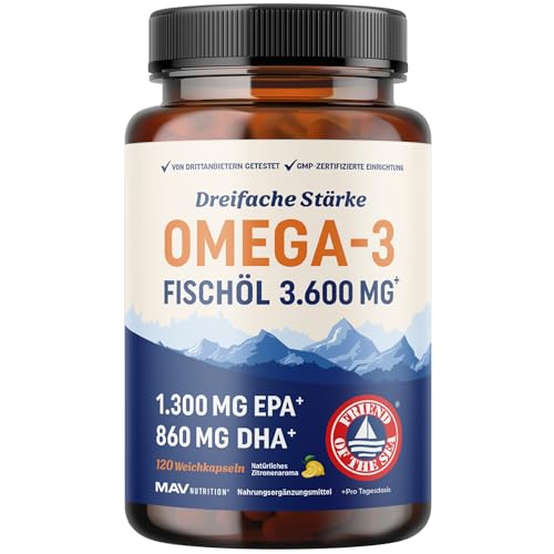 Dreifach konzentriertes Omega-3-Fischöl 3600 mg | EPA & DHA | Über 2100 mg Omega-3-Fettsäuren | 1300 mg EPA + 860 mg DHA | Erstklassige essenzielle Fettsäuren | Wild gefangene Omega 3 | 120 Stück