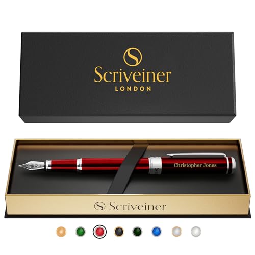 Image of Scriveiner Personalized Deep Crimson Red Pen - Stunning Red Lacquer Luxury Pen with Chrome FinishGerman Schmidt Nib (Medium), Best Engraved Fountain Pen Gift Set for Men & Women, Name Engraving