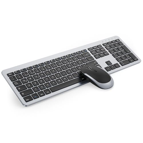 Tastatur Maus Set Kabellos, seenda SK38-3 Ultra-Dünne Wiederaufladbare Funk Tastatur Maus Set, Ergonomische Tastatur Kabellos mit Silikon Staubschutz für PC/Laptop/TV, DE QWERTZ Layout, Schwarz&Silber