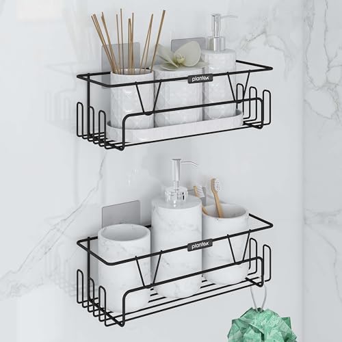 Image of Plantex Bathroom Organiser Without Drill /Shelf for Wall Adhesive Black /GI Steel Shelf for Bathroom with Side Hooks /Washroom Accessories Set - Powder Coated (Pack of 2)