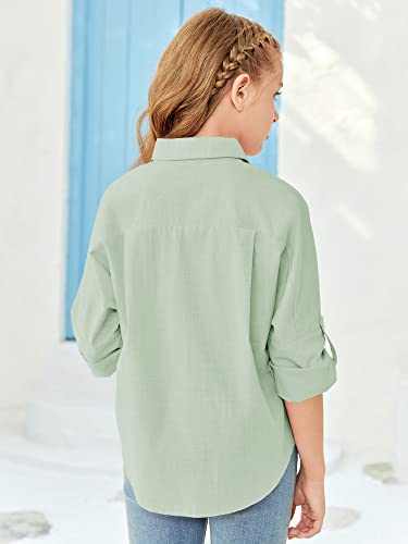 Modershe Girls Roll Up Cuffed Sleeve Button Down Shirts Cute Casual Pockets Blouses 5-14 Years Kids Loose Collared Tunic Tops Mint Green #TOP6