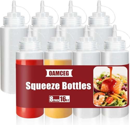 OAMCEG 16OZ/470ml Sauce Squeeze Bottles - 8 Pack BPA-Free Plastic Ketchup & Condiment Bottles with Measurement for Syrup, Dressings, Mayonnaise，Hot Sauce