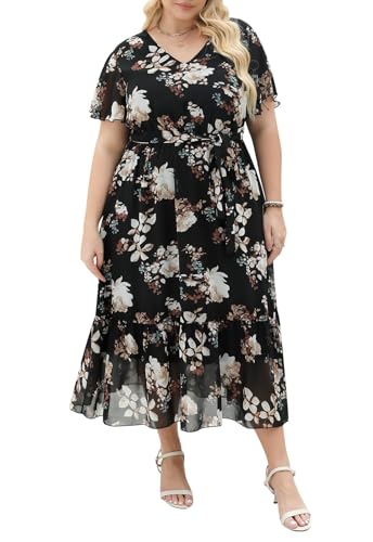 Image of Nemidor Women Plus Size Summer Casual Midi Dress Floral Boho | Sizes 14-26 Plus,Curvy,Long,Spring,Chiffon,Print,Belted waist,Wedding,Party,Vacation,Beach,Cocktail,Easter,Church