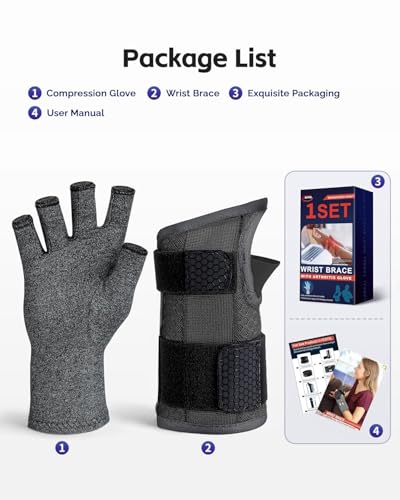 Image of FEATOL Compression Arthritis Glove with Wrist Brace, Comfortable Fingerless Carpal Tunnel Hand Gloves for Women Night Support, Pain Relief for Rheumatoid Arthritis, Work, Typing - Left Hand, Medium, Black