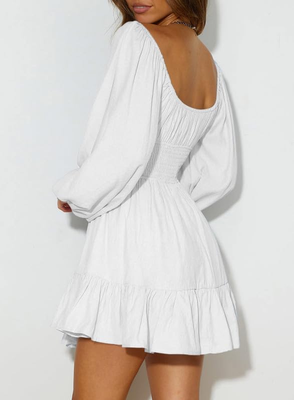 Dokotoo Womens Dresses Fashion 2025 Long Puff Sleeve Elastic Waist A-Line Casual Mini Beach Dress3