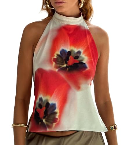 Aonoapll Women Y2k Floral Print Halter Top Backless Sleeveless Mock Neck Tank Top Open Back Going Out Vest Tops
