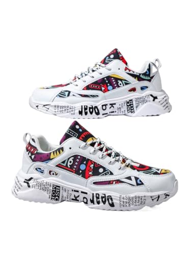 Men's White Thick-Soled Athletic Shoes With Graffiti Pattern, Lace-Up Front, Comfortable, Lightweight, Round Toe, Versatile, Breathable, Suitable For Walking, Casual, Sports And Campus Youth Style