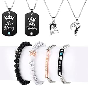 8 Pieces Couple Necklace Bracelet Set, Her King His Queen Necklace Bracelet, I Love You Necklaces Love Heart Crown…