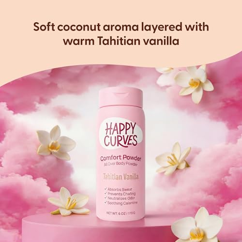 Image of HAPPY CURVES Comfort Powder: Talc Free Anti Chafe Body & Foot Dusting Powder Deodorant to Control Inner Thigh Chafing, and Private Areas 6oz (Pack of 1) - Tahitian Vanilla