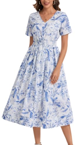Image of Kormei Women Casual Boho V Neck 3 /4 Sleeve Smocked Waist A Line Flowy Swing Midi Dress Smocked Long Dress