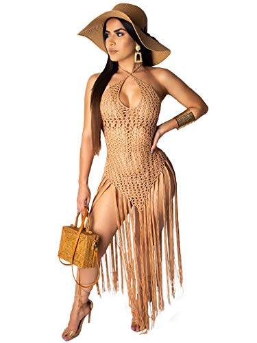 Anna-Kaci Womens Halter Crochet Tassel Swimwear Summer Beach Dress Bikini Cover Up