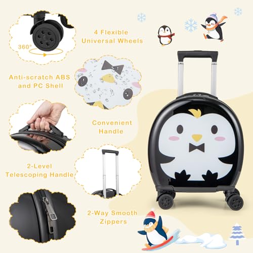 Goplus 4 Piece Kids Luggage Set, 14” Carry-on Hardside Spinner Luggage w/ 10” Backpack, Neck Pillow, Toddler Travel Rolling Suitcase for Boy Girl Children (Black Penguin)4