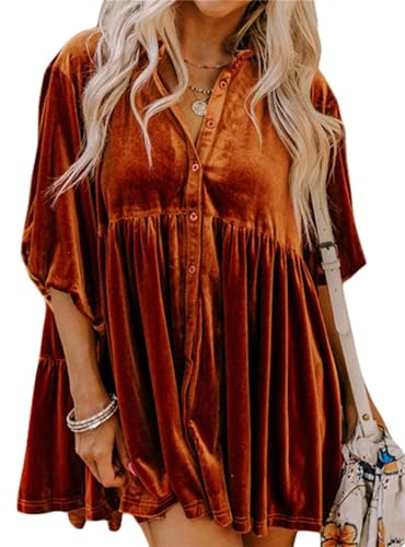 Melliflo Womens Velvet Dress Button Down T Shirt 3/4 Sleeve Tunic Tops Casual Lapel Babydoll Mini Dress
