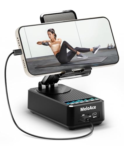 Meloace Bluetooth-Lautsprecher mit Handy-St&auml;nder, kristallklarer Klang mit kraftvollem Bass, verstellbarer Halterung und dynamischen LED-Lichtern, 5000 mAh Akku f&uuml;r 20 Stunden Spielzeit