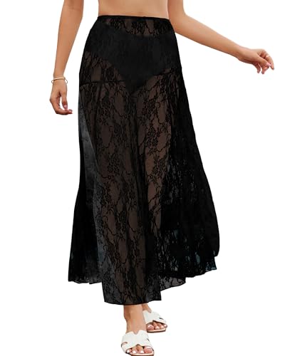 Bsubseach Women Summer Lace Maxi Skirt Elastic Waist Sheer Beach Cover Up Long Skirts