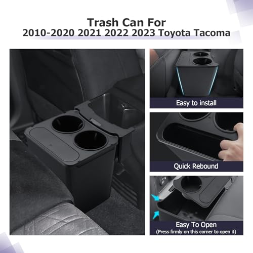 Image of LUWU Tacoma Trash Can Compatible with 2010-2020 2021 2022 2023 Toyota Tacoma Accessories Trash Bin [with 2 Cup Holders] Extra Rear Storage Box Garbage Cans Trashcan