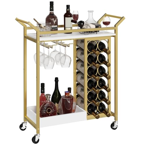 Image of MAHANCRIS Bar Cart with Wine Rack, Gold Bar Cart, Wine Cart with Wheels, Drink Cart with Glass Holder, Serving Cart for Kitchen, Gold and White RCJW18101