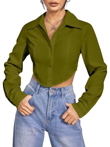 Image of GRECIILOOKS Women`s Oversized Fit Crop Top Shirt | Casual Long Sleev Stylish Collared Shirts for Womens | Comfortable Rich Korean Button Down | Formal Look Stylish Trendy Shirts
