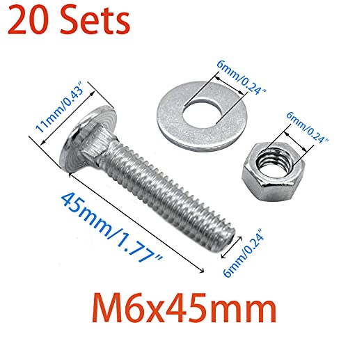 Image of 20 Sets Long Square-Neck Carriage Bolts Set,Carriage Bolts Set w /Nuts & Flat Washers,Zinc-Plated,Carbon Steel Grade 4.8,Plain Finish,Fully Threaded(M6-1.0X45mm)