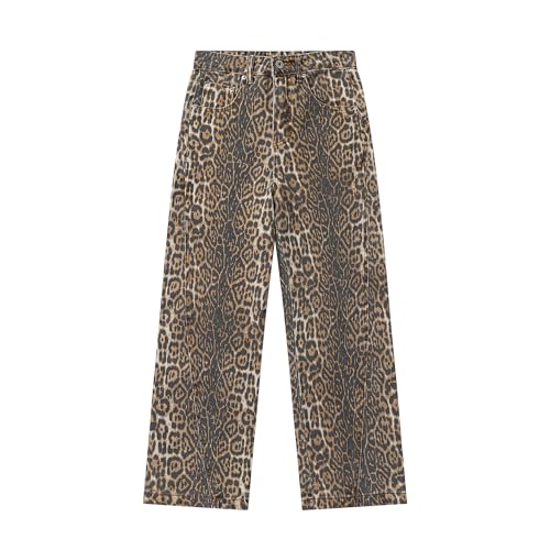 Women's Leopard Print Jeans Straight Leg Casual High Waisted Stretch Trendy Blue Jeans for Women