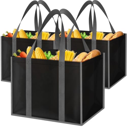 SpaceWhisper Reusable Grocery Bags with Long Handles [3 Pack] - Multipurpose Shopping Bags for Groceries Foldable Grocery Totes Resist Water & Stains for Kitchen Car Trunk Picnic (Black)