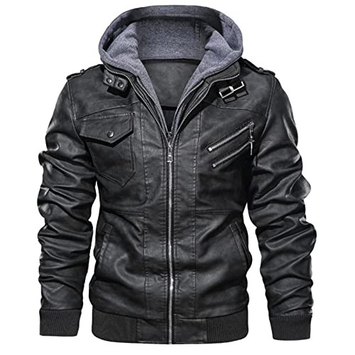 WSLCN Jaqueta Masculina de Couro Sintético Casual Jaqueta de Motocicleta com Capuz Removível Cinza 3
