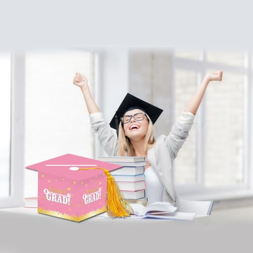 Image of 2026 Graduation Party Card Box, Pink Gold Congrats Cap Card Holder Box with Tassel for 2026 Graduation Party Decoration
