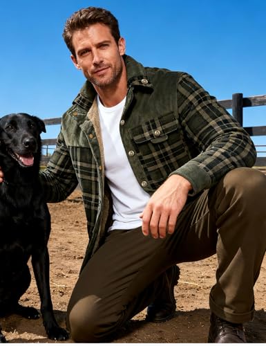 Image of Flygo Men's Sherpa Lined Plaid Flannel Shirt Jacket Snap Button Warm Winter Jacket with Pockets