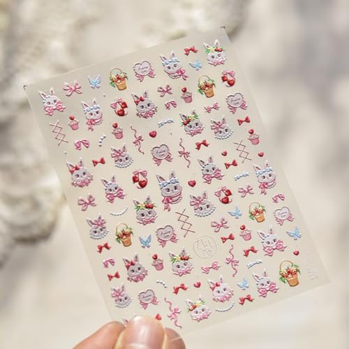Image of Easter Nail Art Stickers Rabbit Nail Decals Cute Cartoon Nail Stickers for Nails Art Self Adhesive 5D Embossed with Design Bow Nails Charm for Women Girls Kid DIY Manicure Supplies Decoration