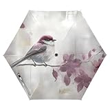 XYMZR Windproof Compact Travel Umbrella Bird Cherry Watercolor - Automatic Open & Close, Waterproof Cloth, UV50+ Sun & Rain Umbrella with Fiberglass Frame, Fits Backpack, Purse, Suitcase.
