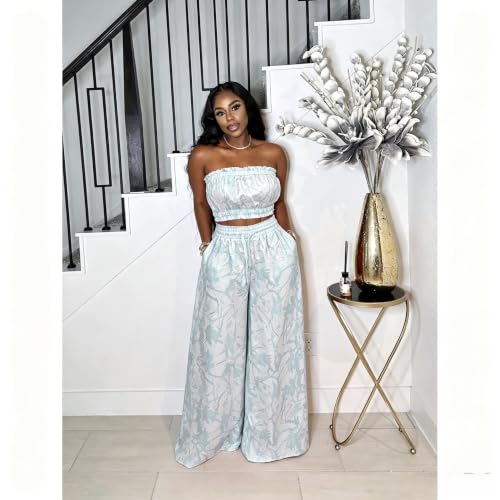 Image of Two Piece Sets for Women Summer Outfits Crop Tops and Wide Leg Pants Sets Sexy Jumpsuits Vacation Outfits with Pockets