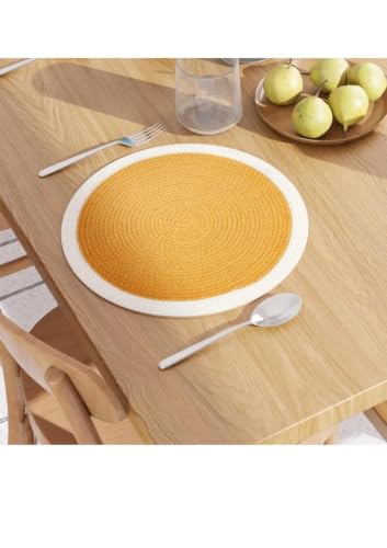 Image of Cotton Rope Placemats, Round Red with White Border, Set of 4, Heat Resistant Table Mats (Yellow and White)