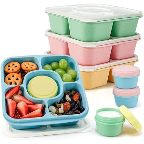Caperci Original Lunchable Snack Containers for Kids & Adults - 5 Compartments Bento Snack Boxes with 4 Leakproof Small Containers, Wheat Straw, BPA-Free, Set of 4 (Vintage Colors) Cover