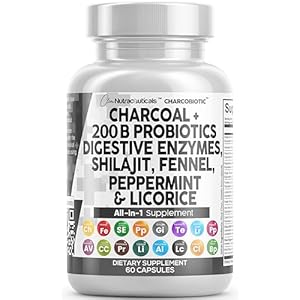 Clean Nutra Activated Charcoal Capsules Shilajit 5000mg Pills Probiotic 200 Billion + Digestive Enzymes for Digestive Health with Peppermint Fennel Licorice Papain Ginger Turmeric | Gut Health