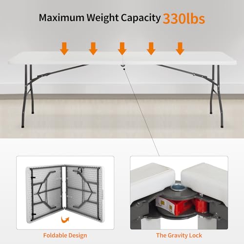 Image of BestOffice 8 FT Picnic Table Plastic Camping Table Portable Square Height Folding Table Perfect for Picnics, Parties, Party and Camping, White