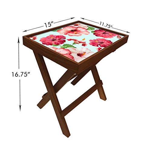 Image of Nutcase Designer Teak Wood Side Table Folding Wooden Bedside Coffee Outdoor Picnic Table - Hibiscus Floral