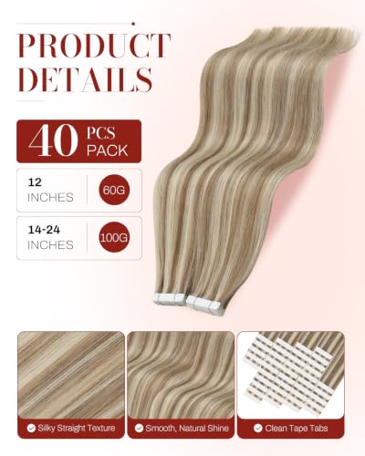 Image of Moresoo Tape in Extensions Real Human Hair Beige Blonde 14in 40pcs 100g | Tape hair extensions, thick 40pcs set, soft blonde dimension, fuller body for blowouts and bridal styling