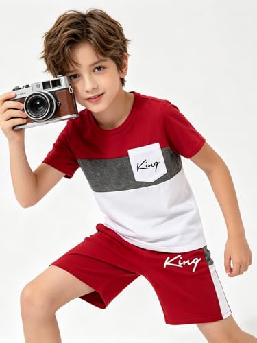 Image of Size 6-12 Years Boys Summer Outfits Set Kids Short Sleeve Top T-Shirt & Shorts Color Block Clothing Sets