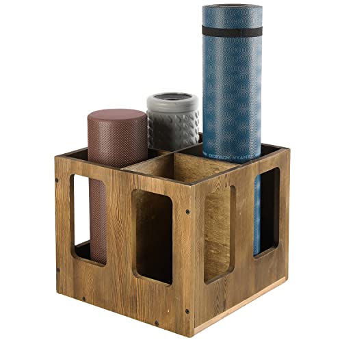 MyGift 4-Slot Vintage Brown Wood Foam Roller Storage Organizer, Wall Mounted or Floor Standing Holder Rack for Yoga Mats and Gym Accessories