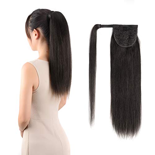 Ponytail Extensions Real Human Hair Clip in 16 inches 65g Off Black Color Straight Drawstring Warp Around Ponytail Hair Piece Remy Human Hair for Women (16"-65g, Off Black #1B)