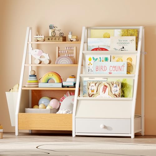 yeshine Estantería pequeña de 4 niveles y almacenamiento de juguetes, 3 bolsillos para libros, 1 bolsillo lateral grande, 1 cajón de tela, estantería compacta de fácil acceso (color madera)