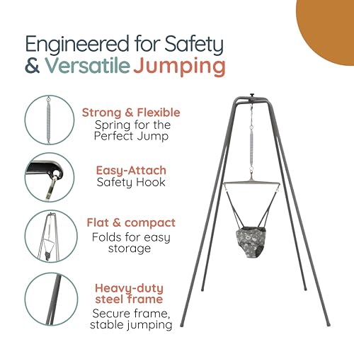 Image of Jolly Jumper Elite Baby Exerciser - Grey Safari | Sturdy Frame, 6 ft Tall Stand Baby Jumper, Indoor /Outdoor Exercise Saddle Seat, Adjustable Height, for Infants up to 28lbs