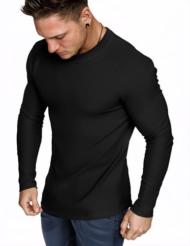 JMIERR Men's Long Sleeve Thermal Fleece Shirts Fall Fashion 2025 Crew Neck Casual Basic T-Shirts Top Warm Undershirts Sweater, 2XL, Black